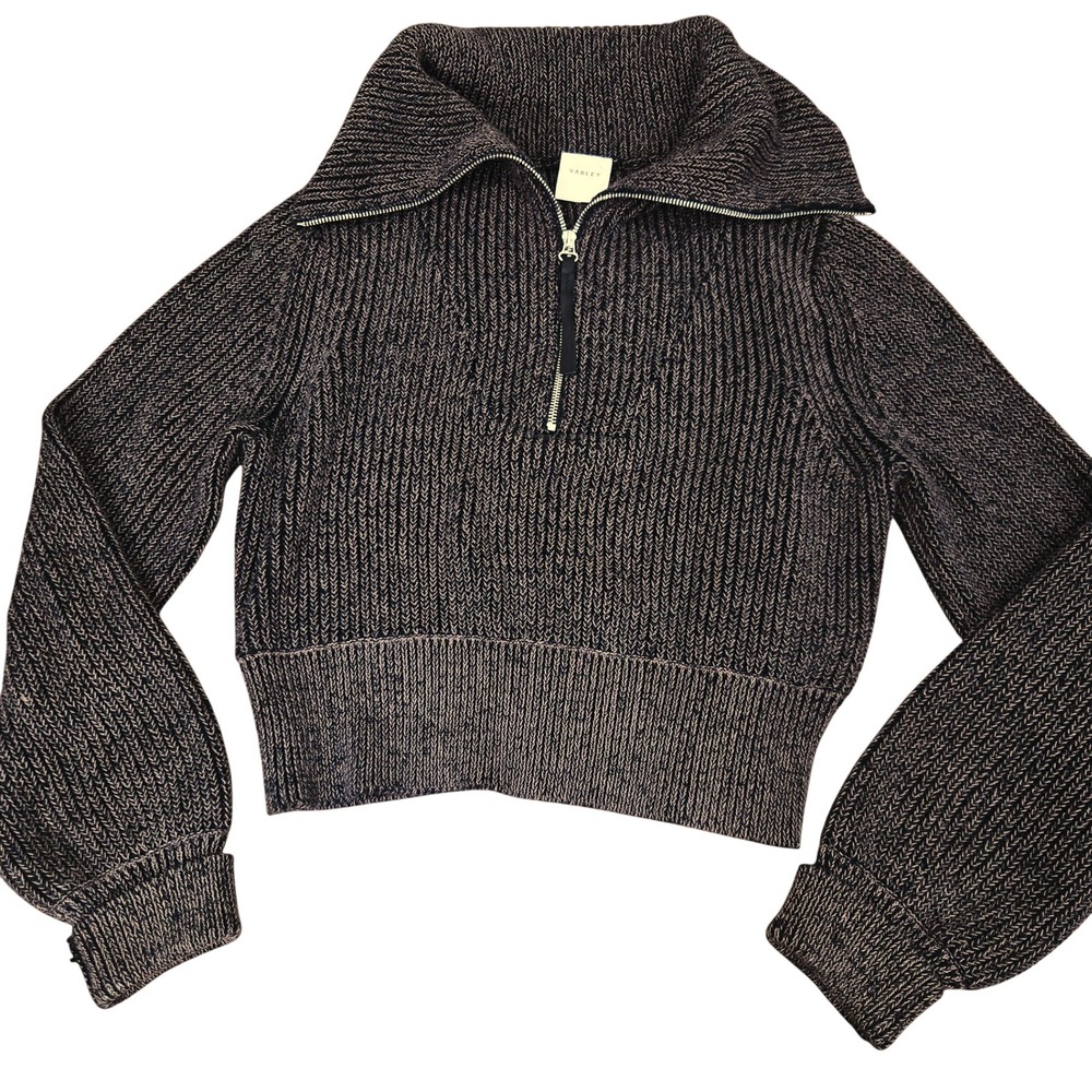 Varley Mentone Sweater Women XS Dark Brown Marl Quarter Zip Cotton Ribbed Knit